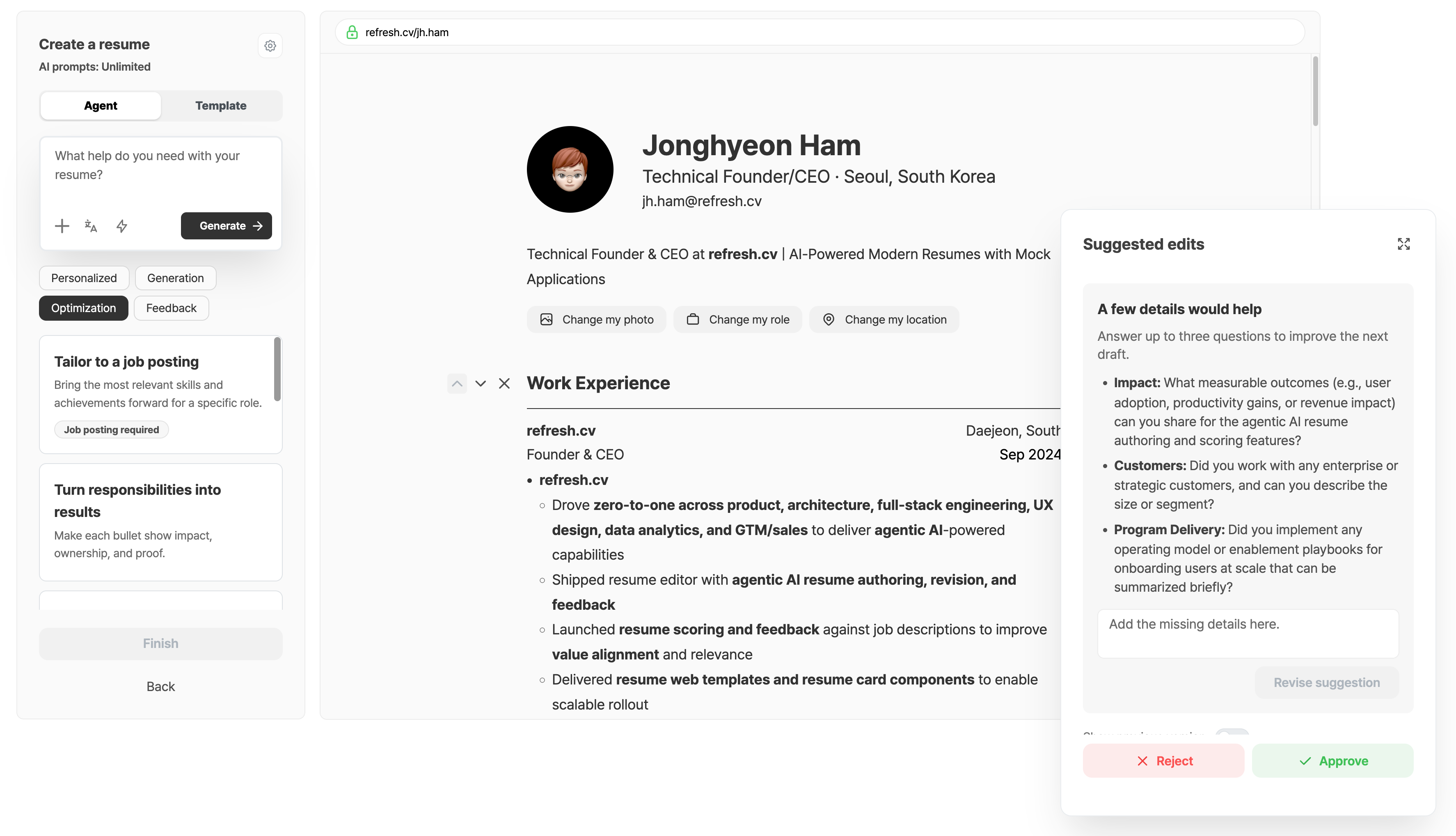 refresh.cv Agentic Resume Builder 추천 수정 예시