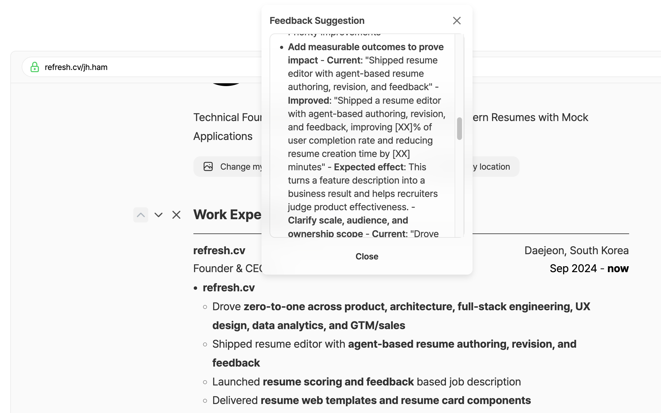 refresh.cv Agentic Resume Builder 피드백 제안 예시